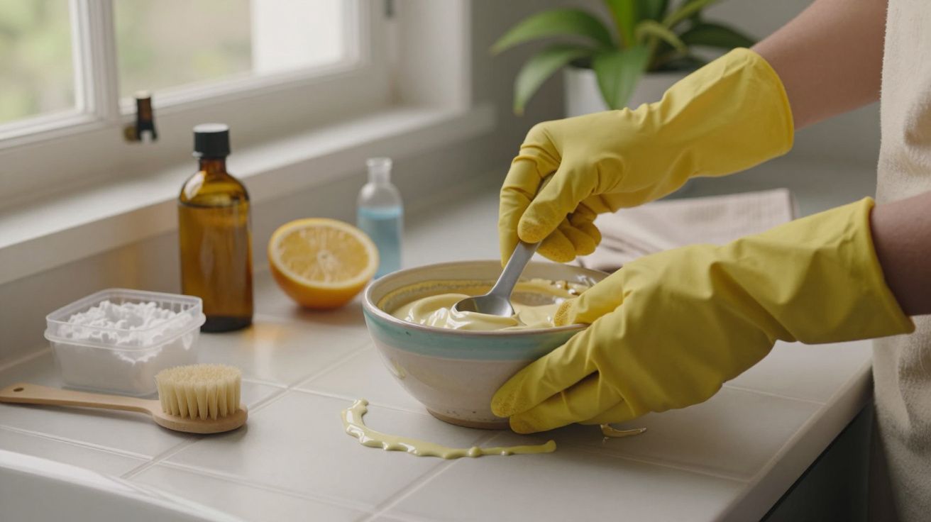 Mãos com luvas amarelas mexem numa tigela na cozinha, rodeada por ingredientes e utensílios de limpeza.