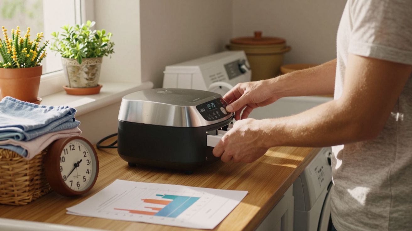 Pessoa ajusta panela elétrica numa bancada de cozinha, rodeada de plantas e gráfico impresso.