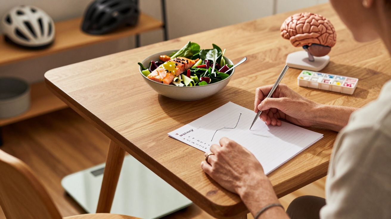 Pessoa desenha gráfico em bloco de notas, com salada e modelo de cérebro em mesa de madeira. Capacetes ao fundo.