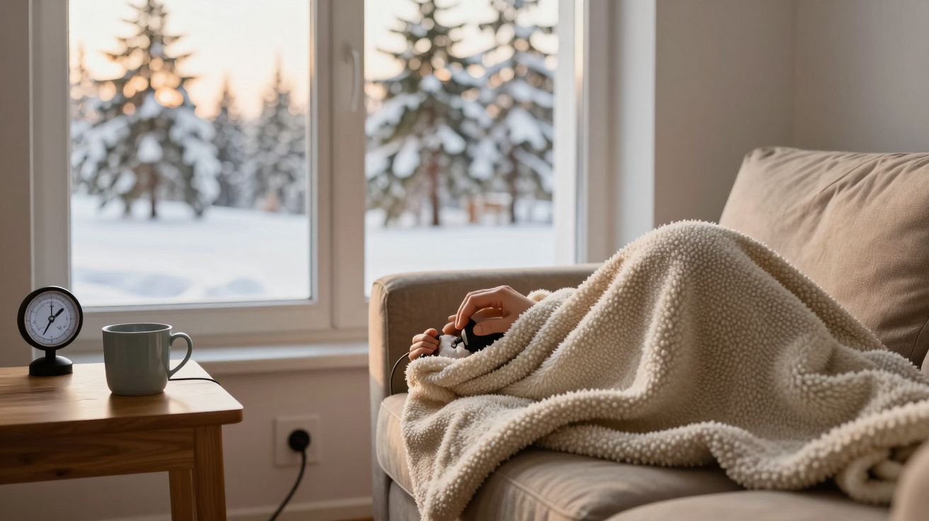 Pessoa coberta por manta no sofá, com vista para paisagem nevada através da janela. Caneca e relógio sobre a mesa.