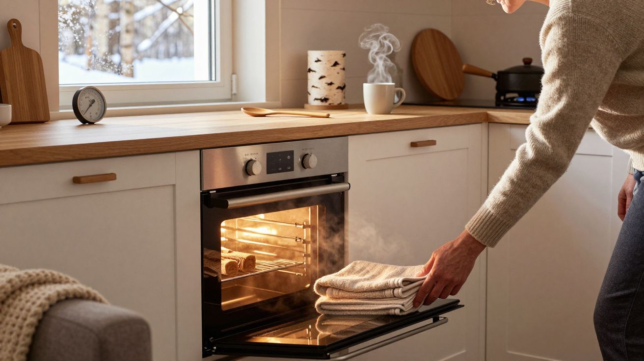Pessoa a retirar toalhas quentes do forno numa cozinha com balcões de madeira e uma chávena de café a fumegar.