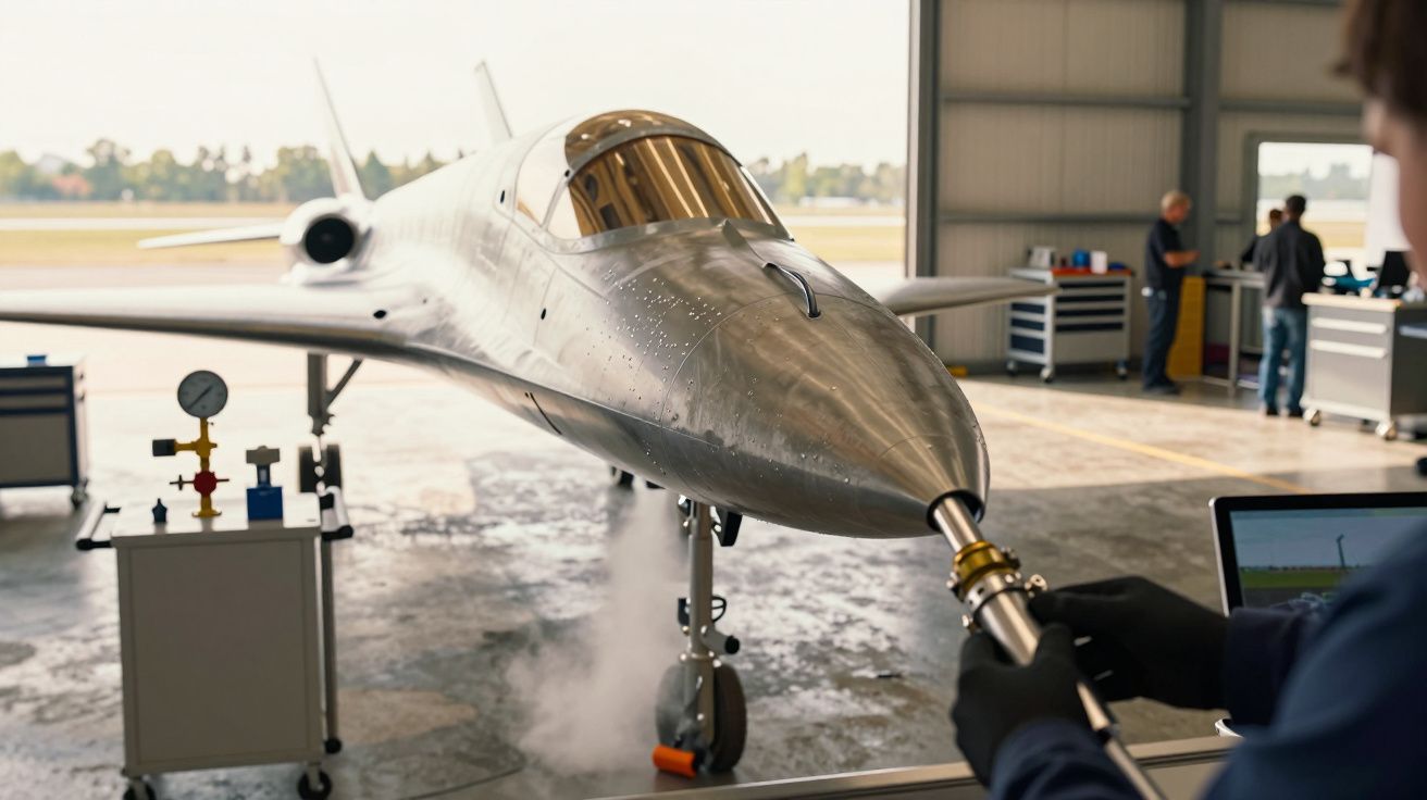 Avião futurista prateado em hangar, sendo inspecionado por técnico com mangueira de gás e monitor.