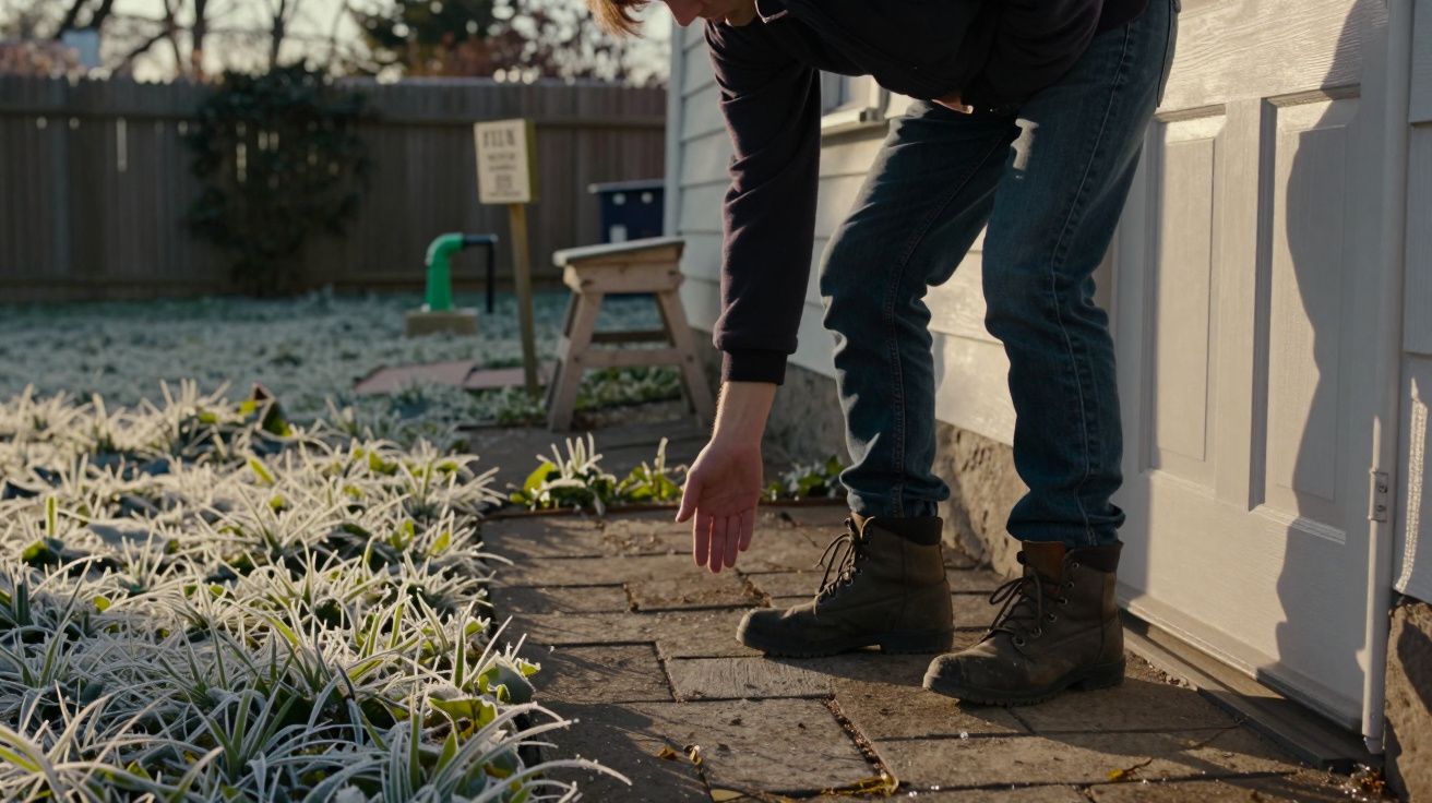 Pessoa inclina-se para tocar relva coberta de gelo num jardim, num dia frio e ensolarado.