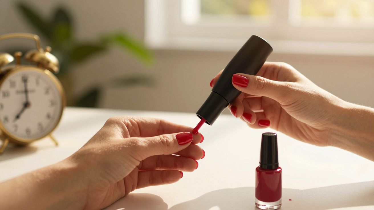 Mãos femininas aplicando verniz vermelho às unhas, relógio dourado ao fundo.