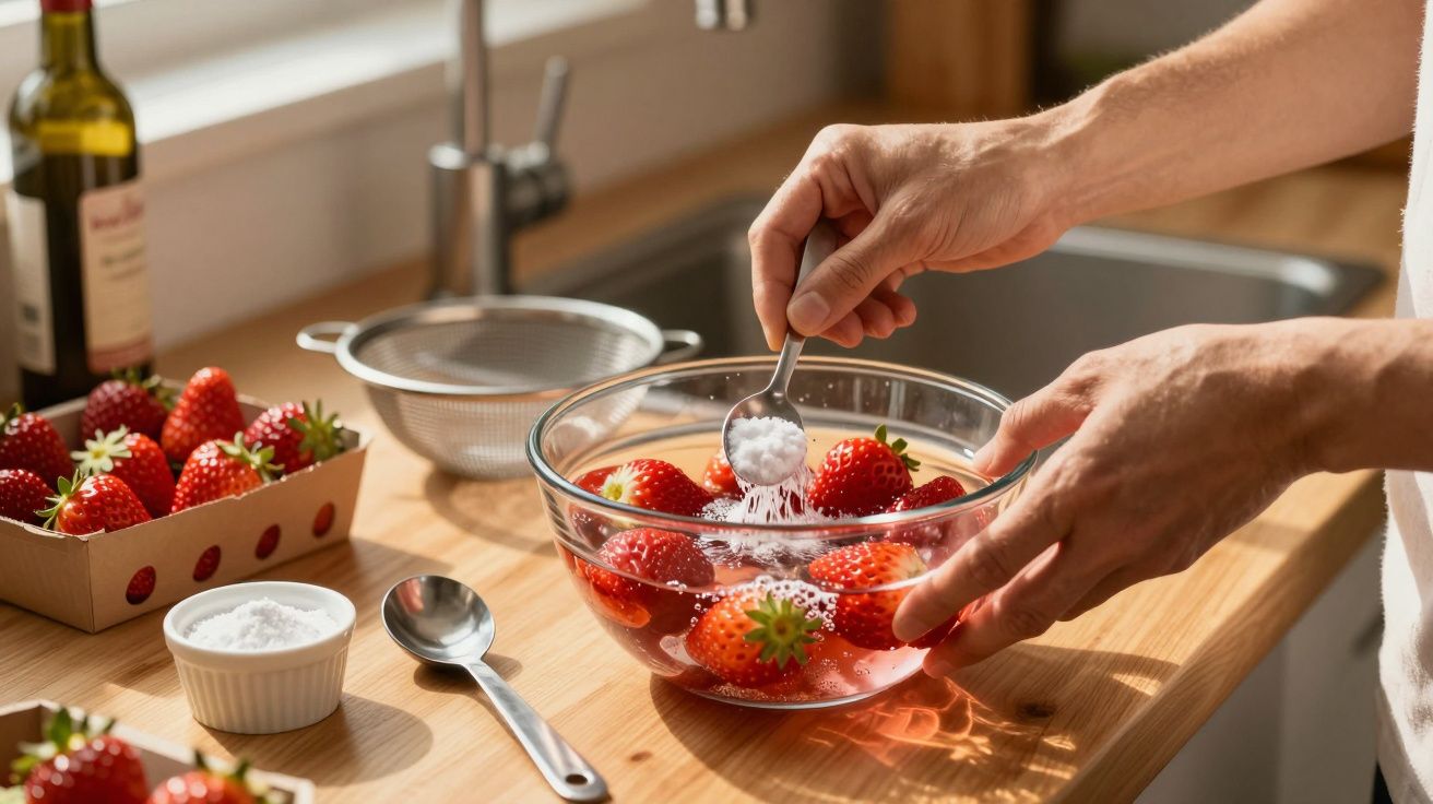 Mãos a polvilhar açúcar em morangos numa tigela de vidro na cozinha, com luz solar suave.