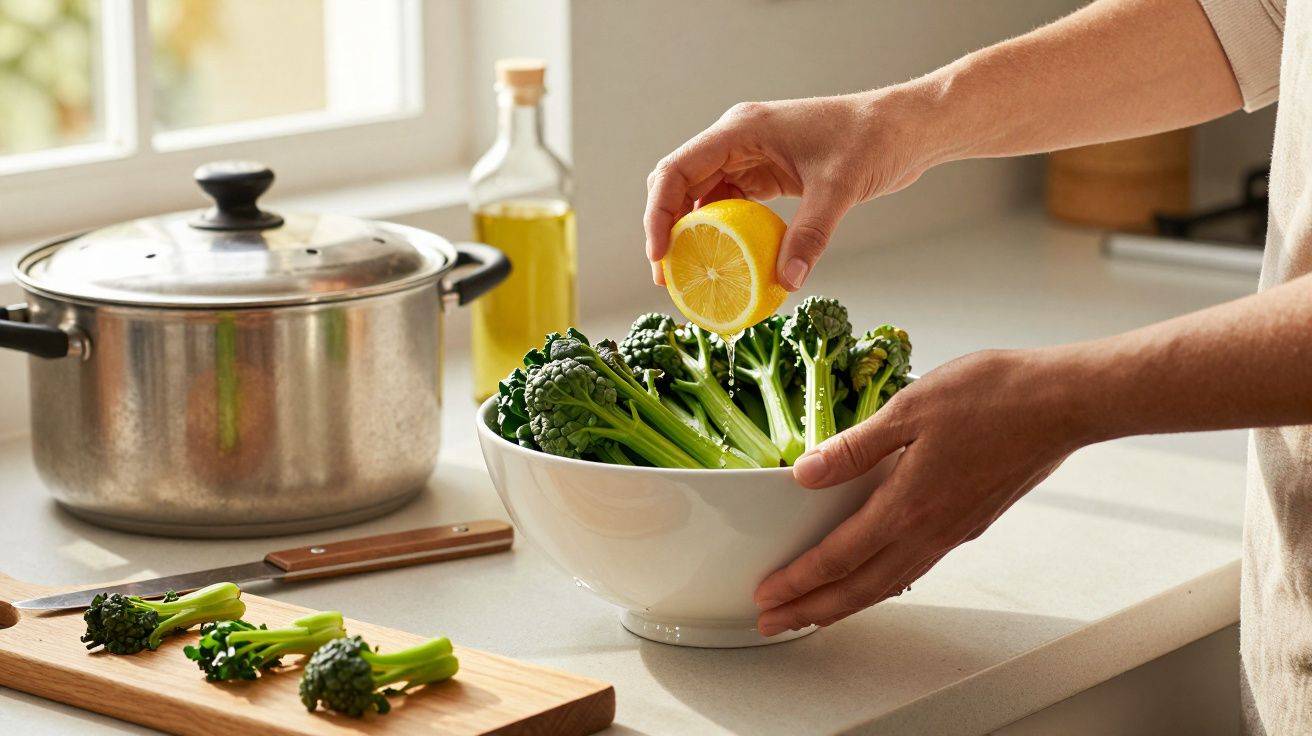 Mãos a espremer limão sobre um prato de brócolos, com uma panela e garrafa de azeite ao fundo.