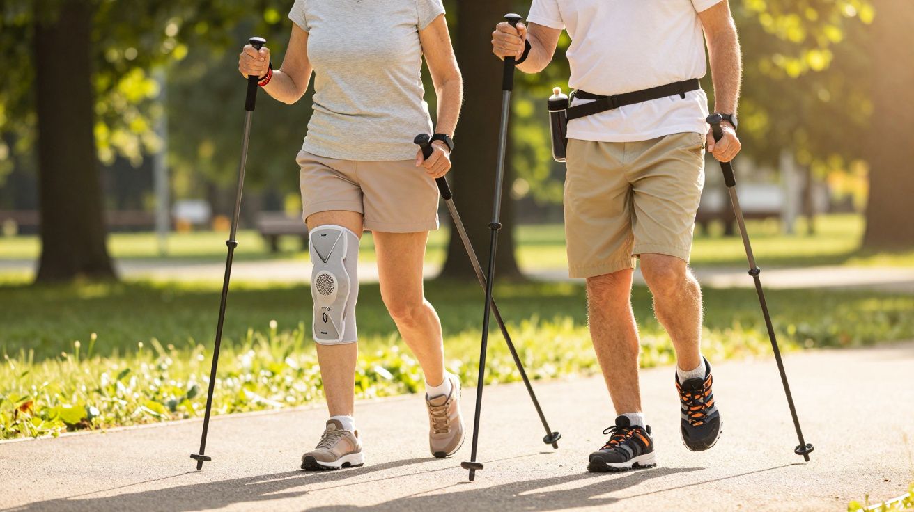 Duas pessoas a caminhar com bastões de trekking em parque, usando roupa desportiva e joelheira.