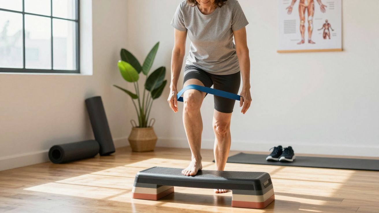 Mulher a fazer exercício com elástico azul numa sala de ginástica, usando steps.