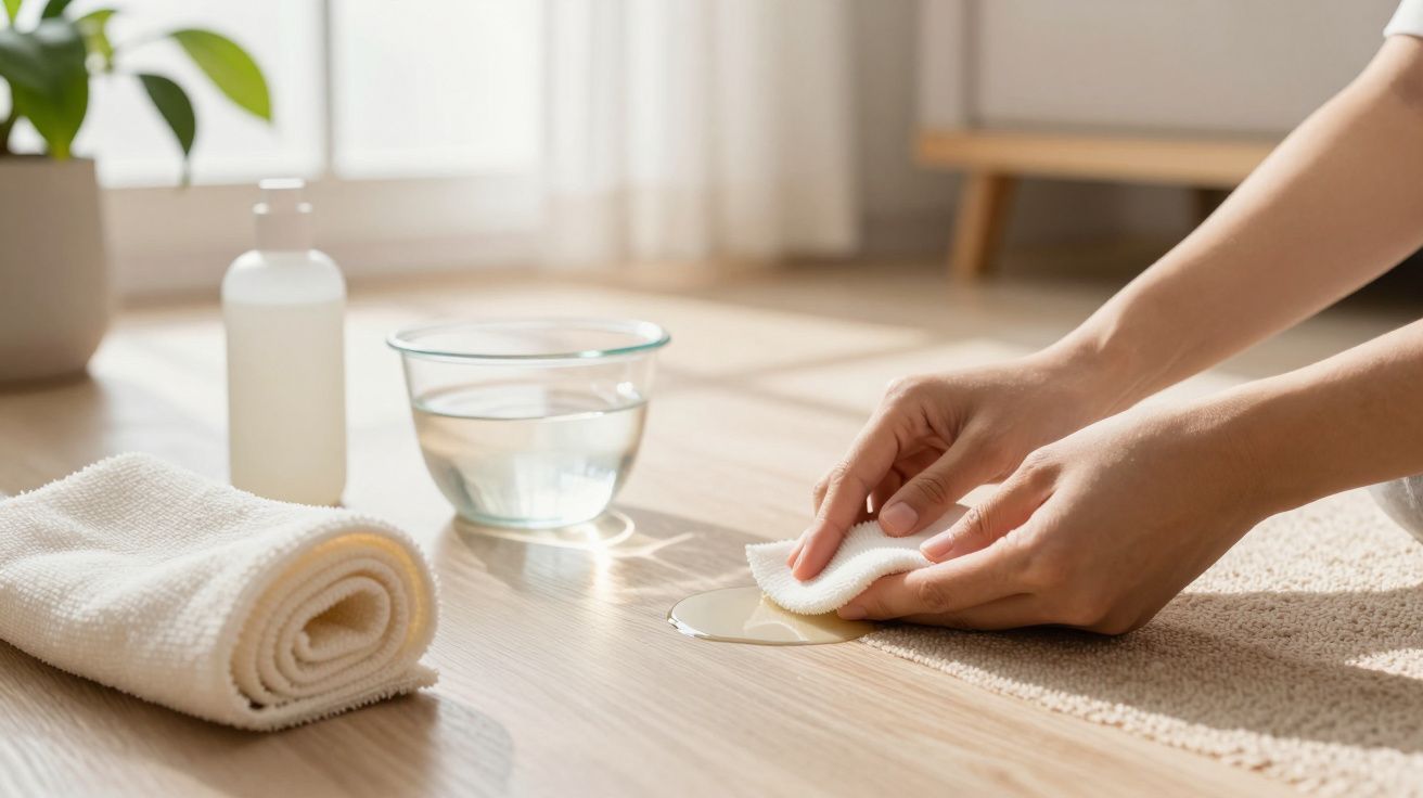 Mãos limpando uma mancha no chão com pano branco, perto de tigela de água e toalha dobrada.