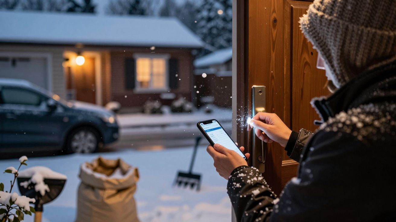 Pessoa com gorro usa smartphone à porta, numa zona nevada com carro e casa ao fundo iluminados.