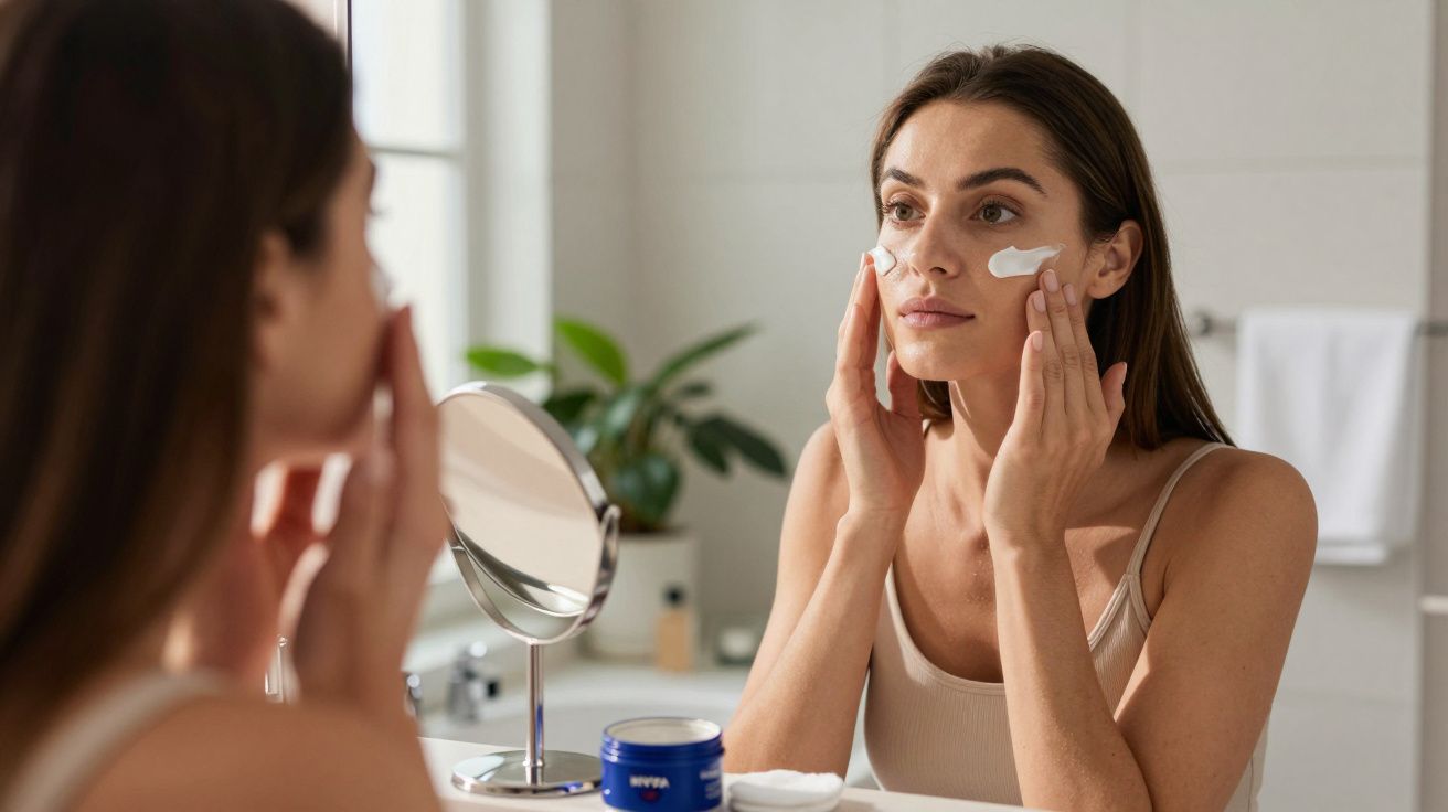 Mulher aplica creme no rosto em frente ao espelho na casa de banho.
