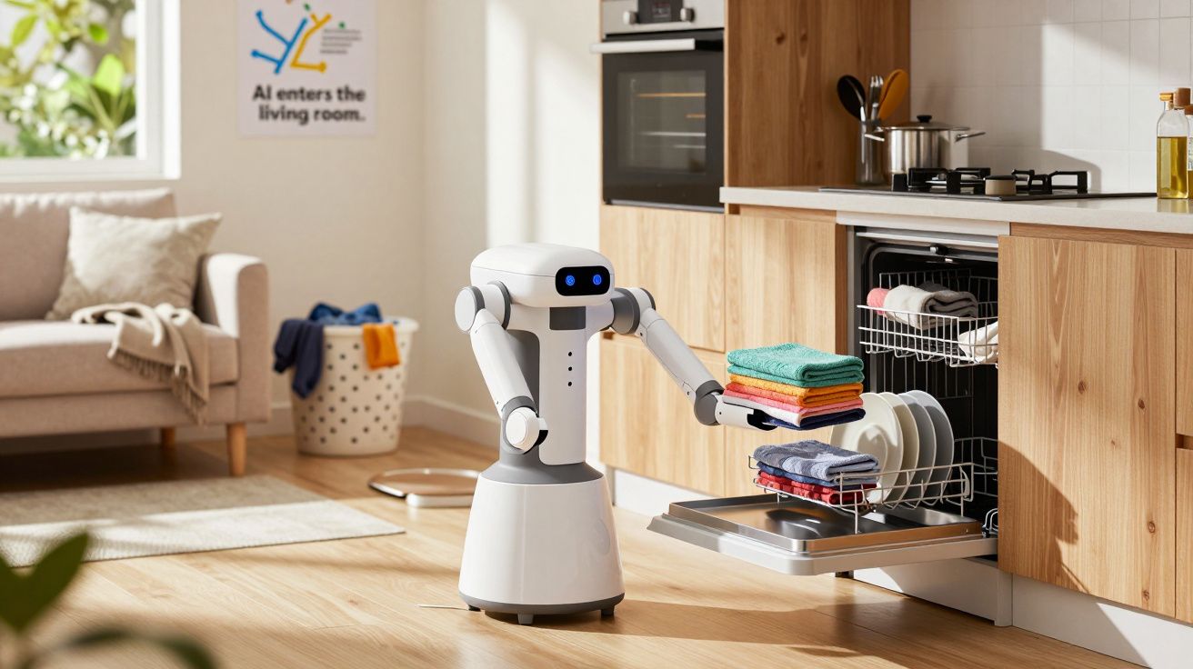 Robô colocando toalhas e pratos na máquina de lavar loiça numa cozinha moderna e bem iluminada.
