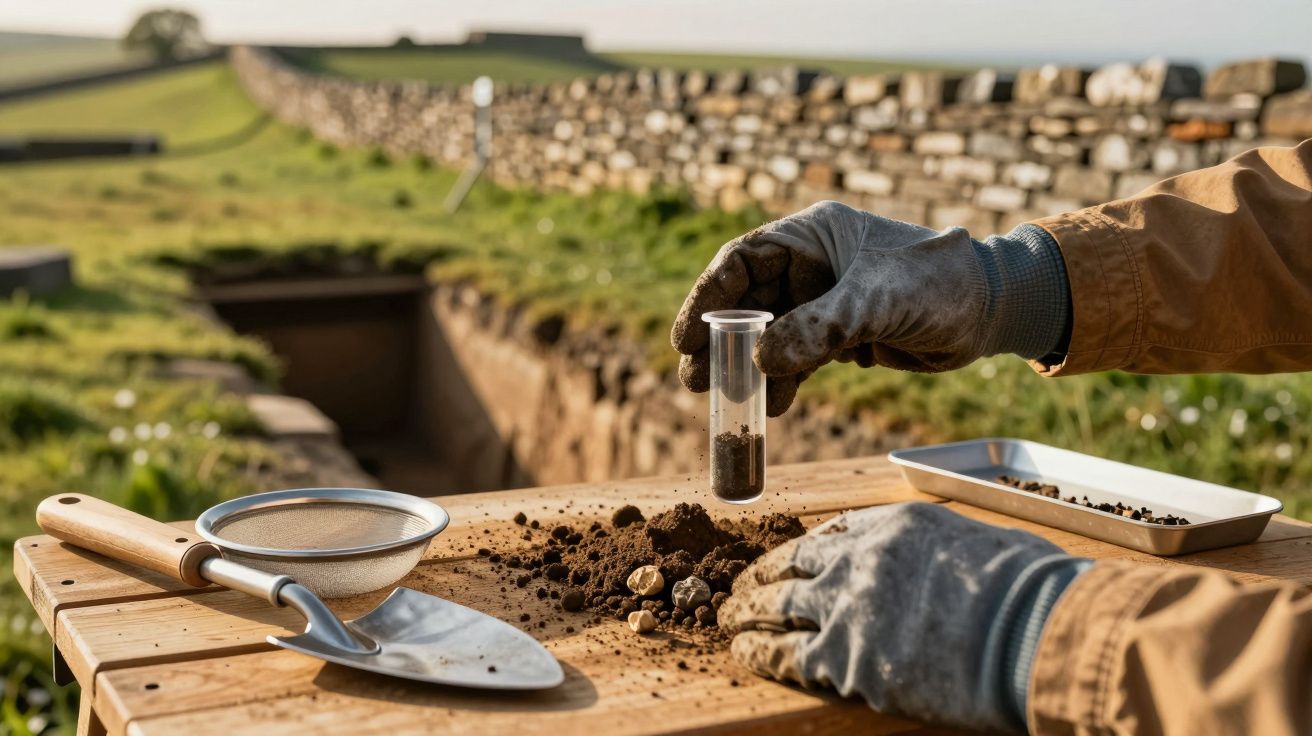 Mãos analisam solo em local de escavação arqueológica, com peneira e pás sobre mesa de madeira. Fundo com muralha antiga.