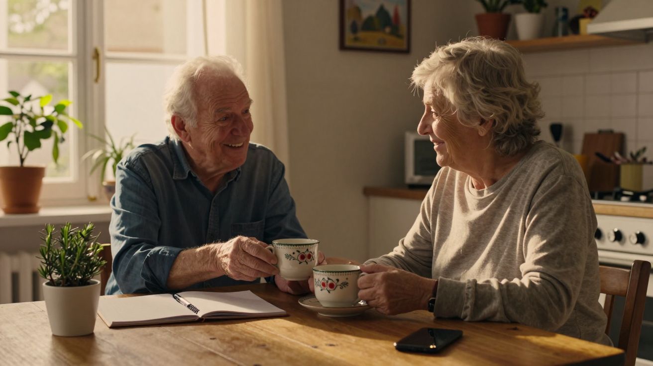 Casal idoso a sorrir enquanto bebe chá na cozinha iluminada pelo sol, com plantas e caderno aberto na mesa.