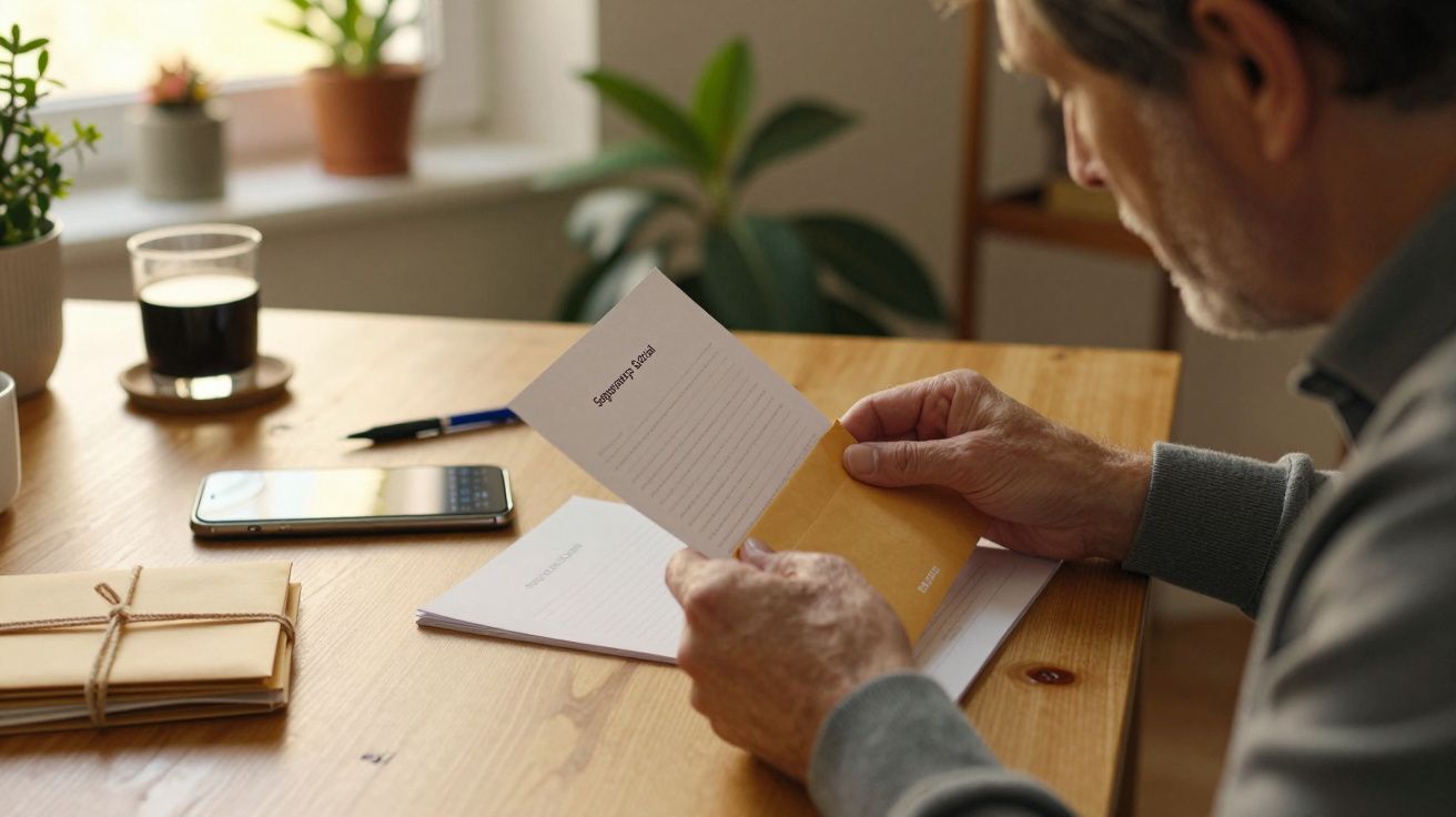 Homem lê um folheto à mesa, com telemóvel, envelopes e café ao lado, numa sala com plantas.