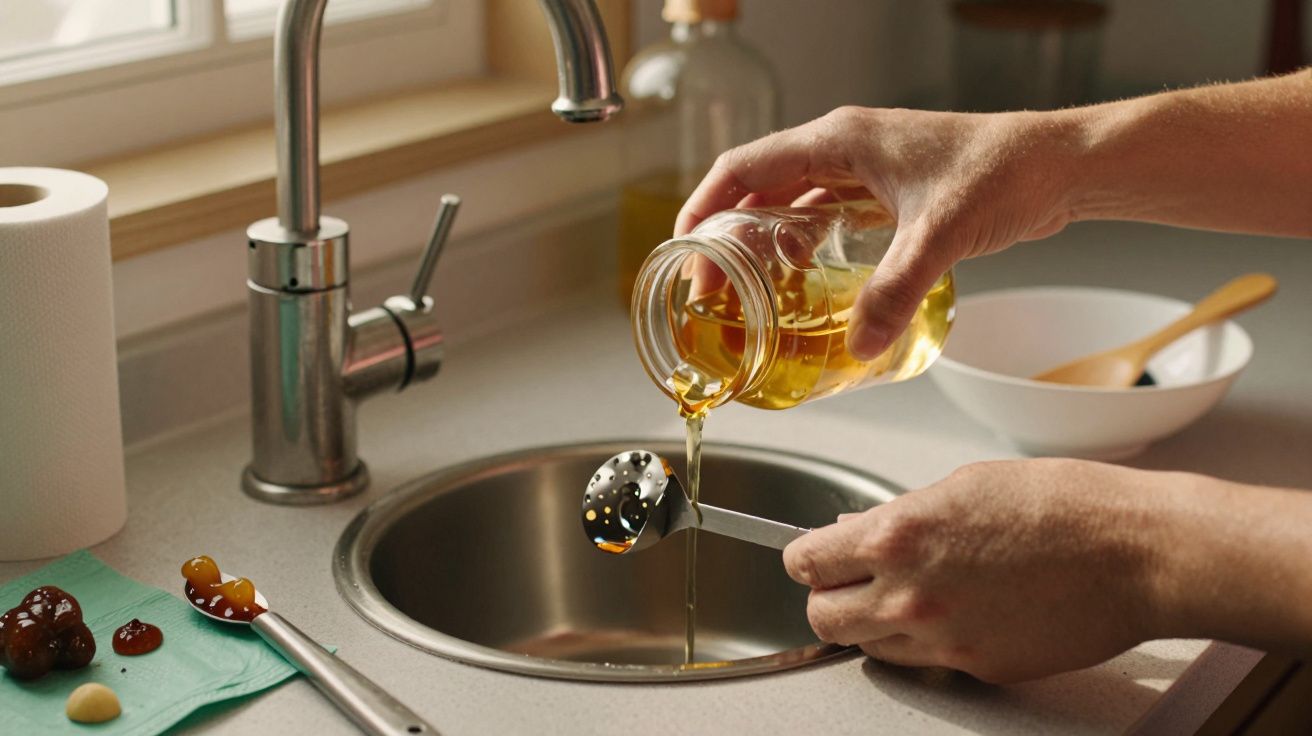 Pessoa a verter mel de um frasco para uma colher medidora sobre um lava-loiça numa cozinha iluminada.