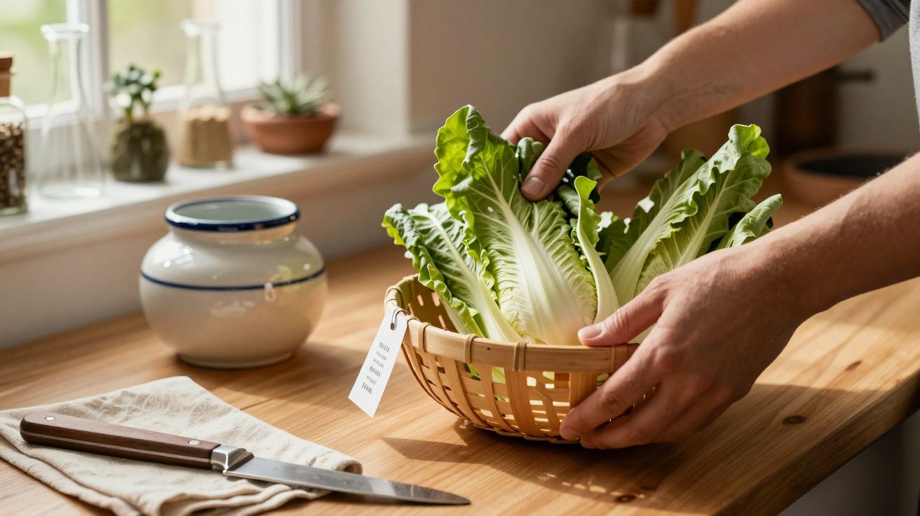Mãos arrumam alfaces num cesto de vime sobre mesa de madeira, com faca e frasco ao lado, junto a janela iluminada.
