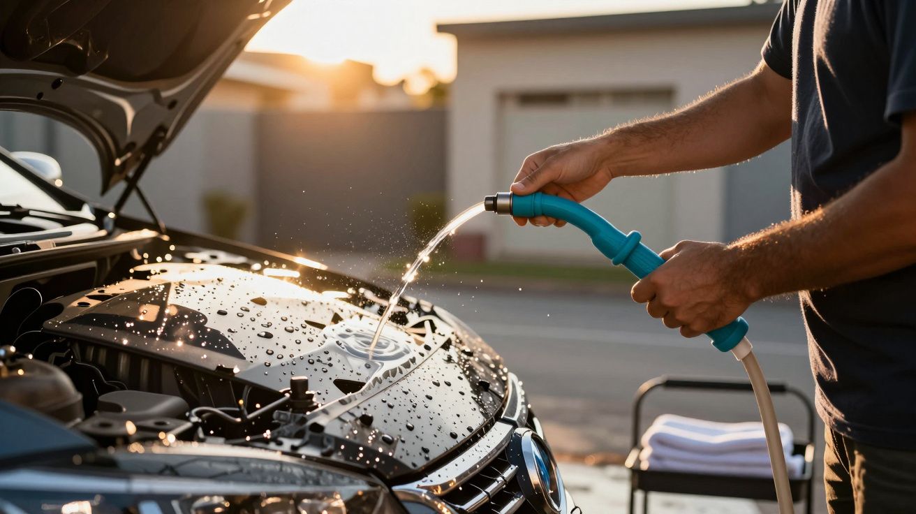 Homem lava o capô de um carro com uma mangueira de água ao pôr do sol.