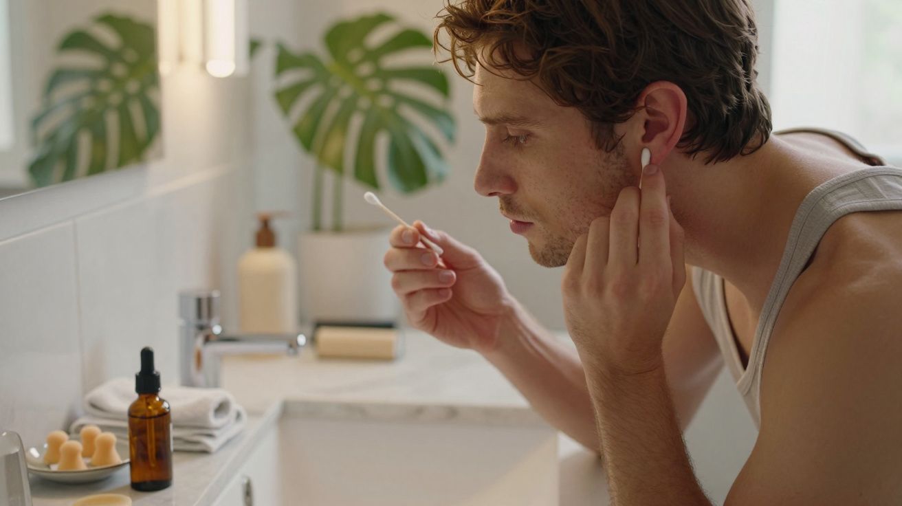 Homem limpa o ouvido com cotonete em casa de banho moderna, com plantas e produtos de higiene ao fundo.