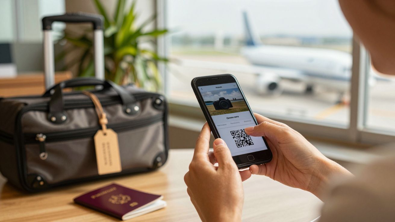 Pessoa segura smartphone com QR code, ao lado de uma mala e passaporte, num aeroporto com avião ao fundo.