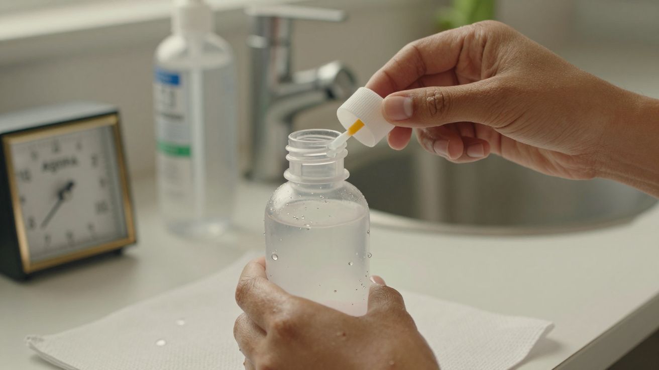 Mãos enchendo frasco com líquido claro, relógio e produtos de higiene no fundo.