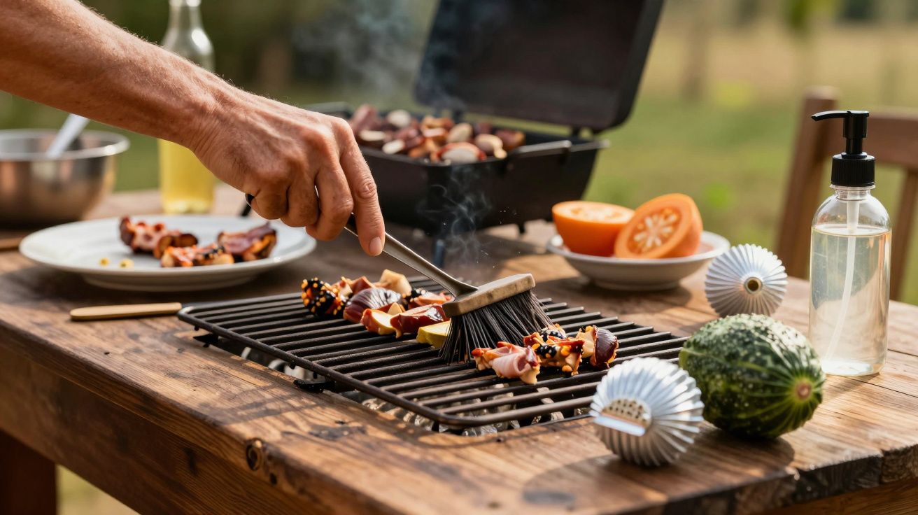 Mão preparando espetadas na grelha ao ar livre, com frutas e vegetais ao redor.