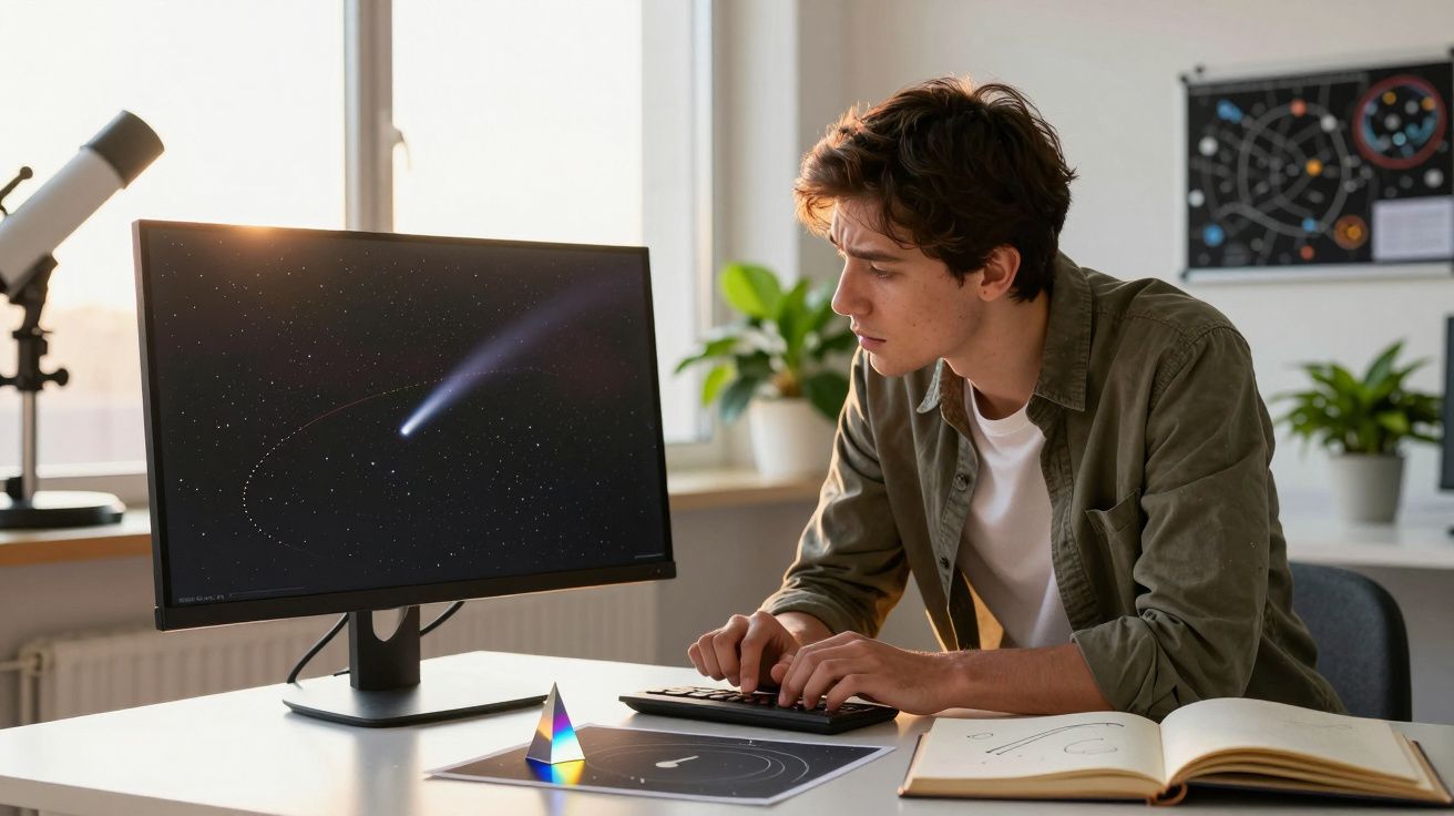 Homem a estudar astronomia no computador, com telescópio e livros ao fundo.