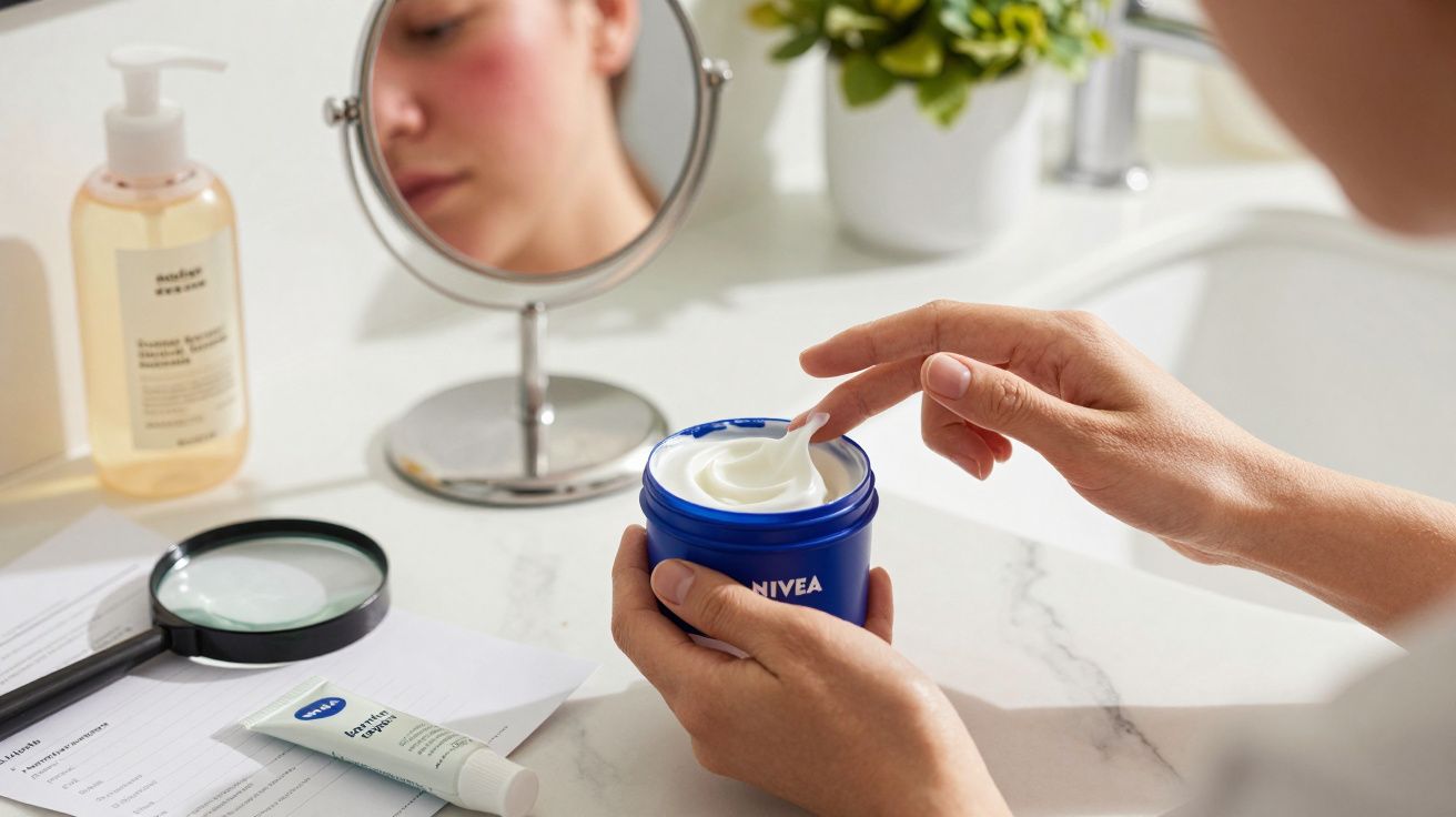 Mãos abrindo creme Nivea, espelho refletindo rosto ao fundo, frascos e lupa sobre bancada de casa de banho.