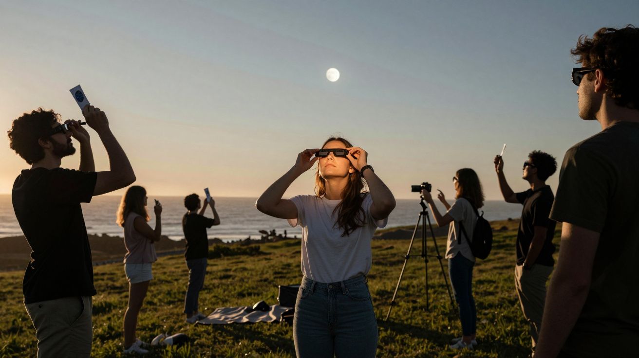 Grupo de pessoas com óculos de proteção observa o céu ao pôr do sol. A lua cheia é visível no horizonte.