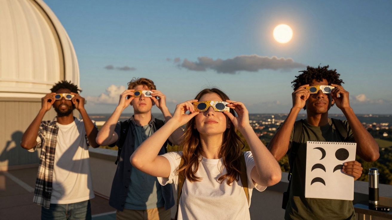 Pessoas com óculos especiais observam o eclipse solar no telhado de um edifício sob um céu azul claro com poucas nuvens.