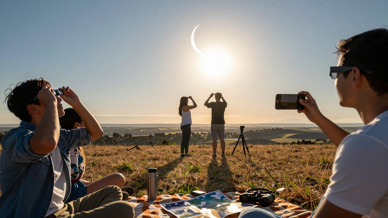 Grupo de amigos observa eclipse solar num campo, usando óculos de proteção e câmaras, com paisagem ao fundo.