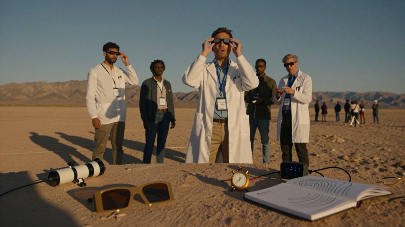 Cientistas com batas brancas, observam o céu no deserto com óculos especiais, equipamentos à frente deles na areia.