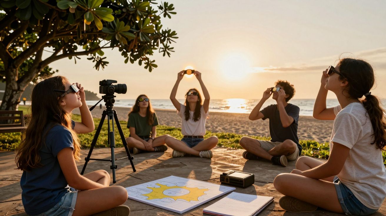 Cinco jovens observam um eclipse solar na praia, usando óculos de proteção, com equipamento de fotografia ao lado.