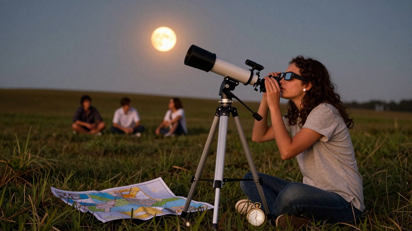 Mulher observa a lua cheia através de telescópio num campo, com mapa e relógio no chão; pessoas sentadas ao fundo.