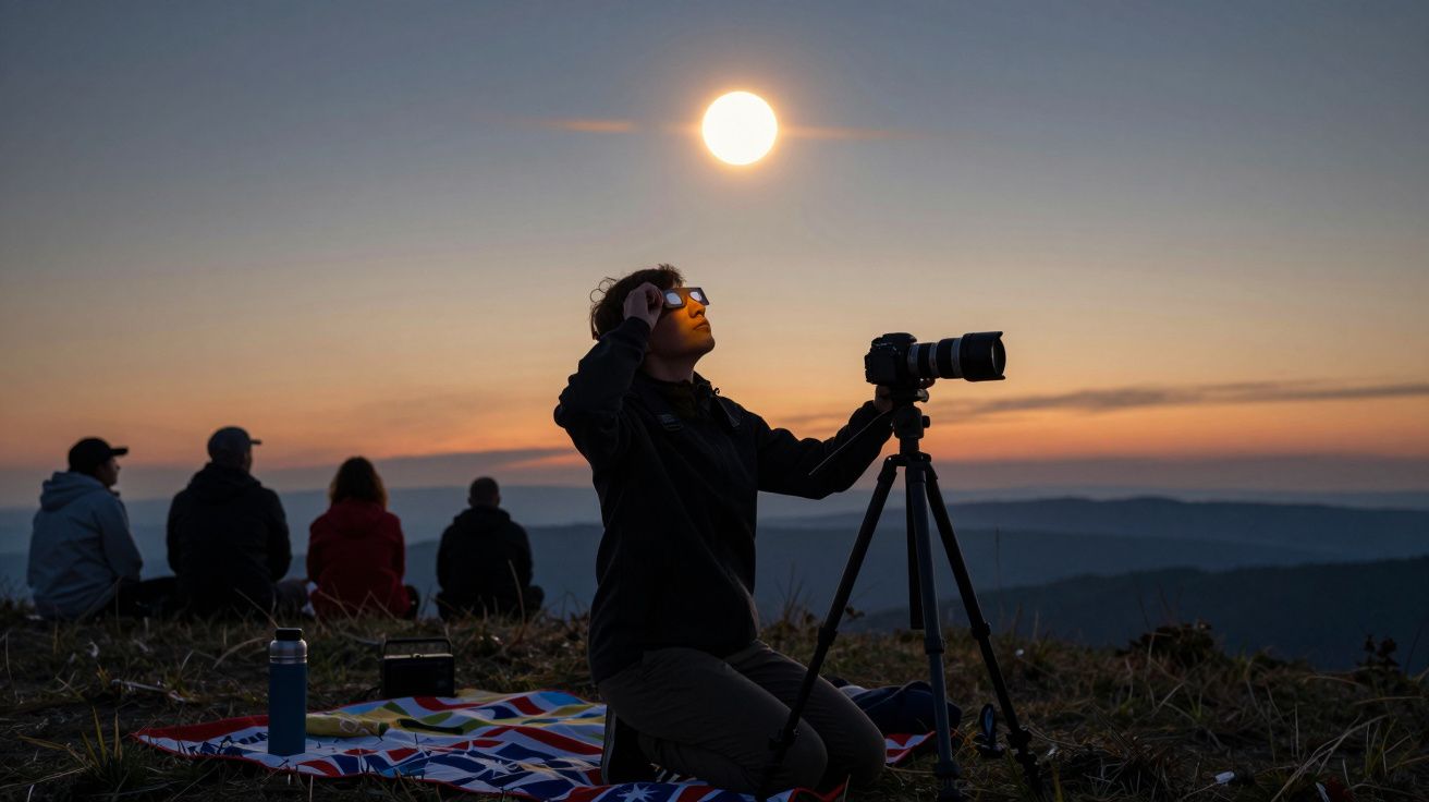 Pessoa fotografa o pôr do sol numa colina, usando óculos de proteção, com um grupo ao fundo.