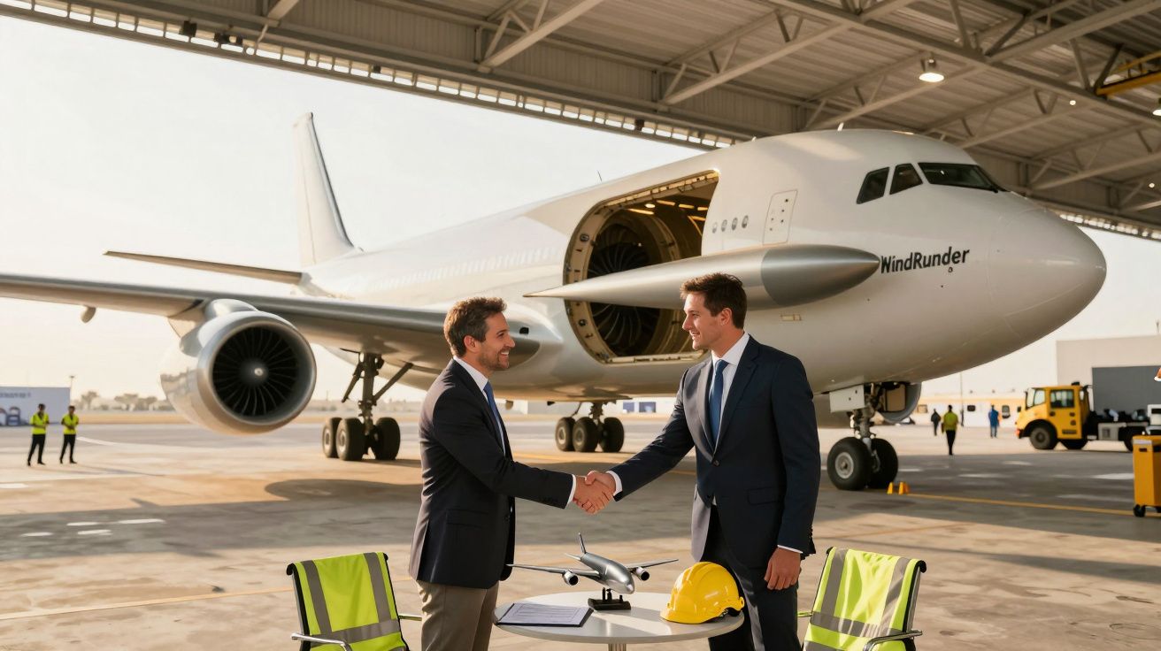 Dois homens de fato apertam as mãos num hangar de aeroporto, com um avião de carga ao fundo e capacete na mesa.