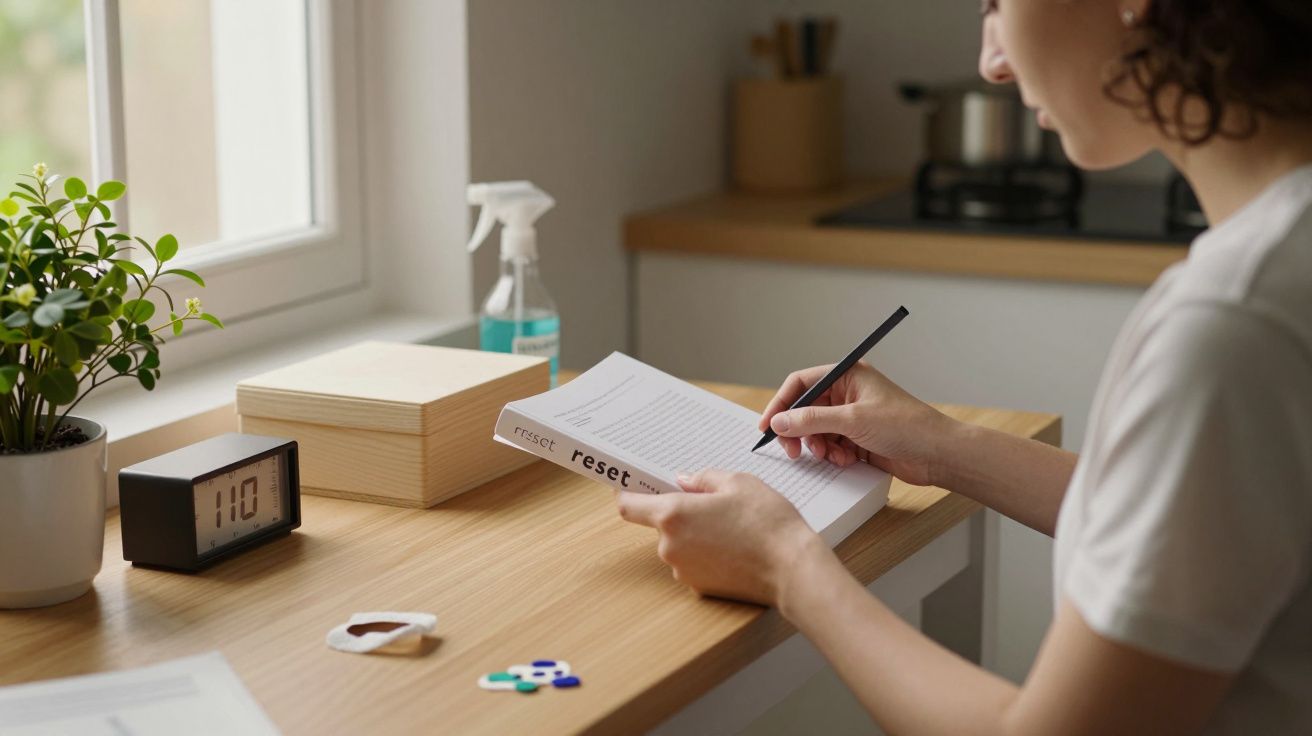 Mulher escreve em caderno numa cozinha minimalista com relógio digital e planta ao lado.