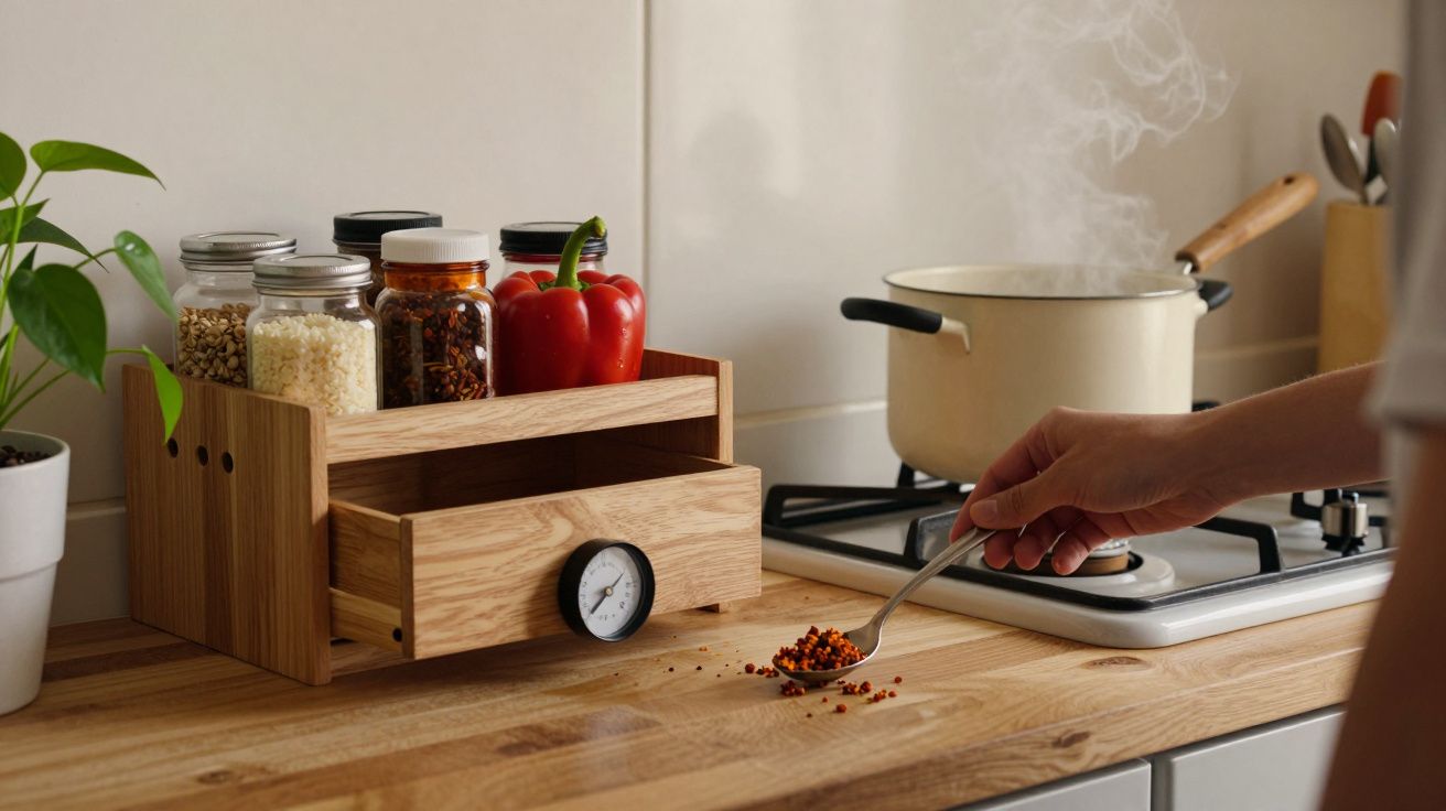 Cozinha com prateleira de madeira, frascos de especiarias e pimento, panela ao lume e mão com colher de pimenta.