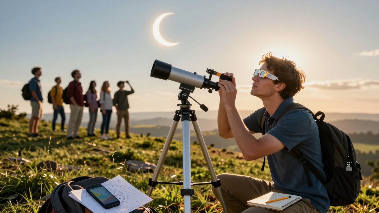 Homem observa eclipse solar com telescópio, enquanto grupo de pessoas ao fundo usa óculos de proteção.