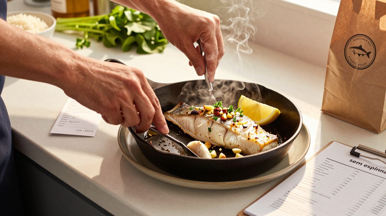 Pessoa prepara um filete de peixe grelhado numa frigideira, decorado com alho, pimentos, ervas e limão.