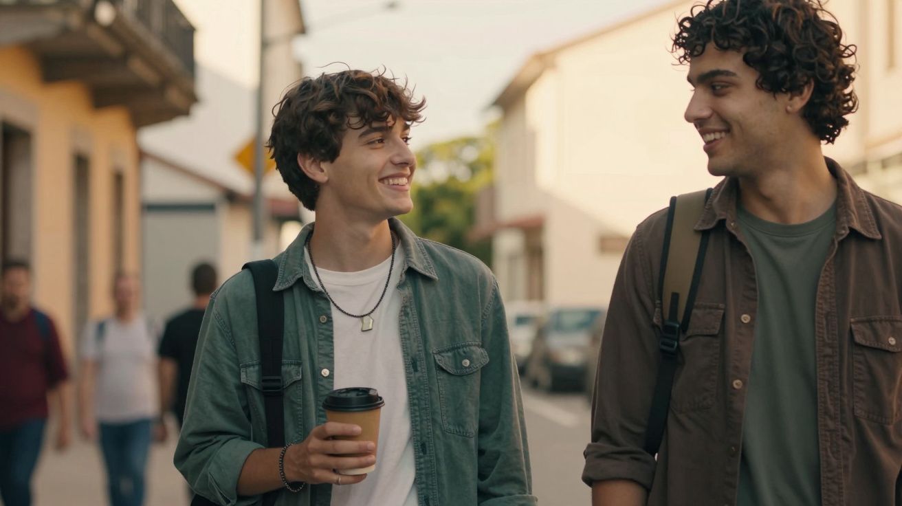 Dois jovens caminham numa rua ensolarada, sorrindo e conversando. Um deles segura um copo de café descartável.