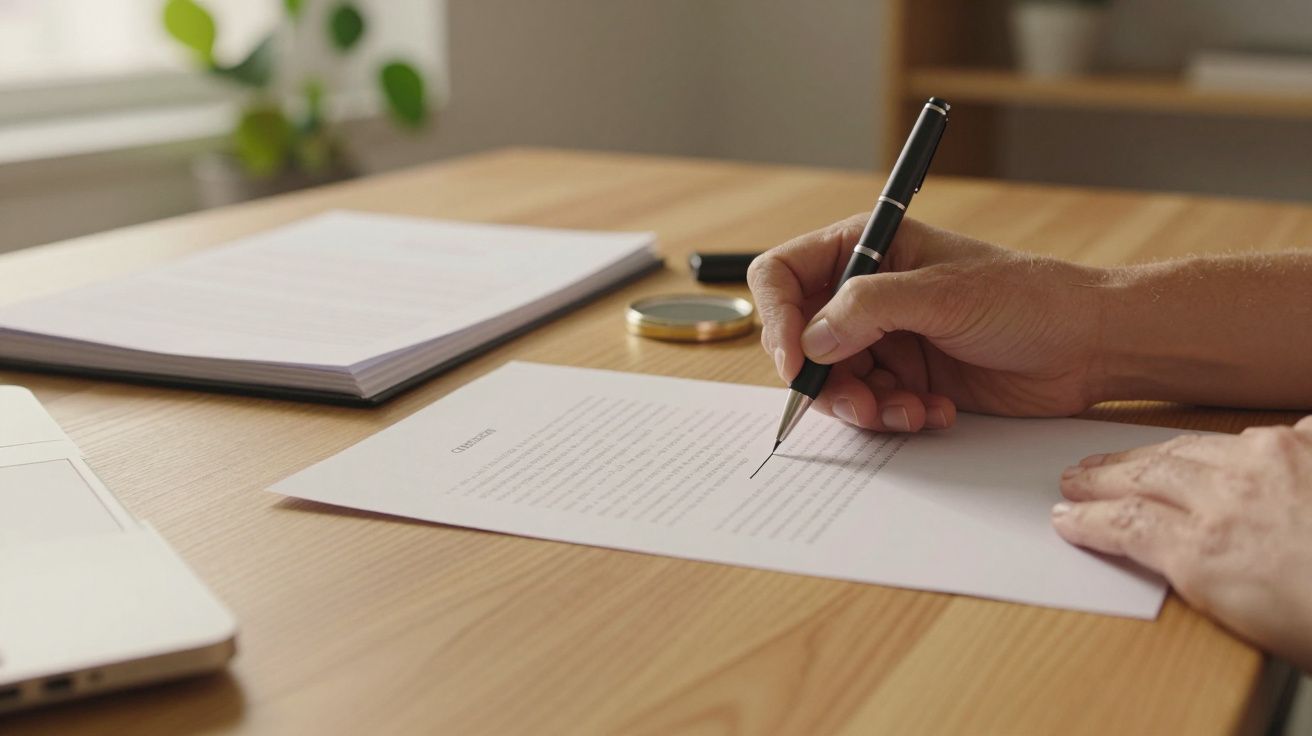 Mão a assinar documento numa mesa com portátil ao lado, luz natural e plantas ao fundo.