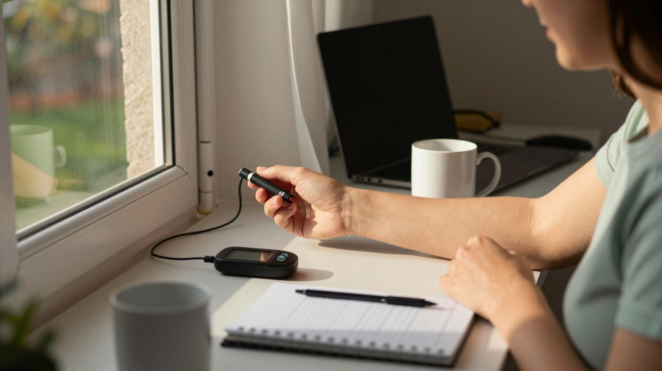 Pessoa segurando medidor de glicose e caneta de teste, com caderno e computador ao fundo, junto a uma janela.