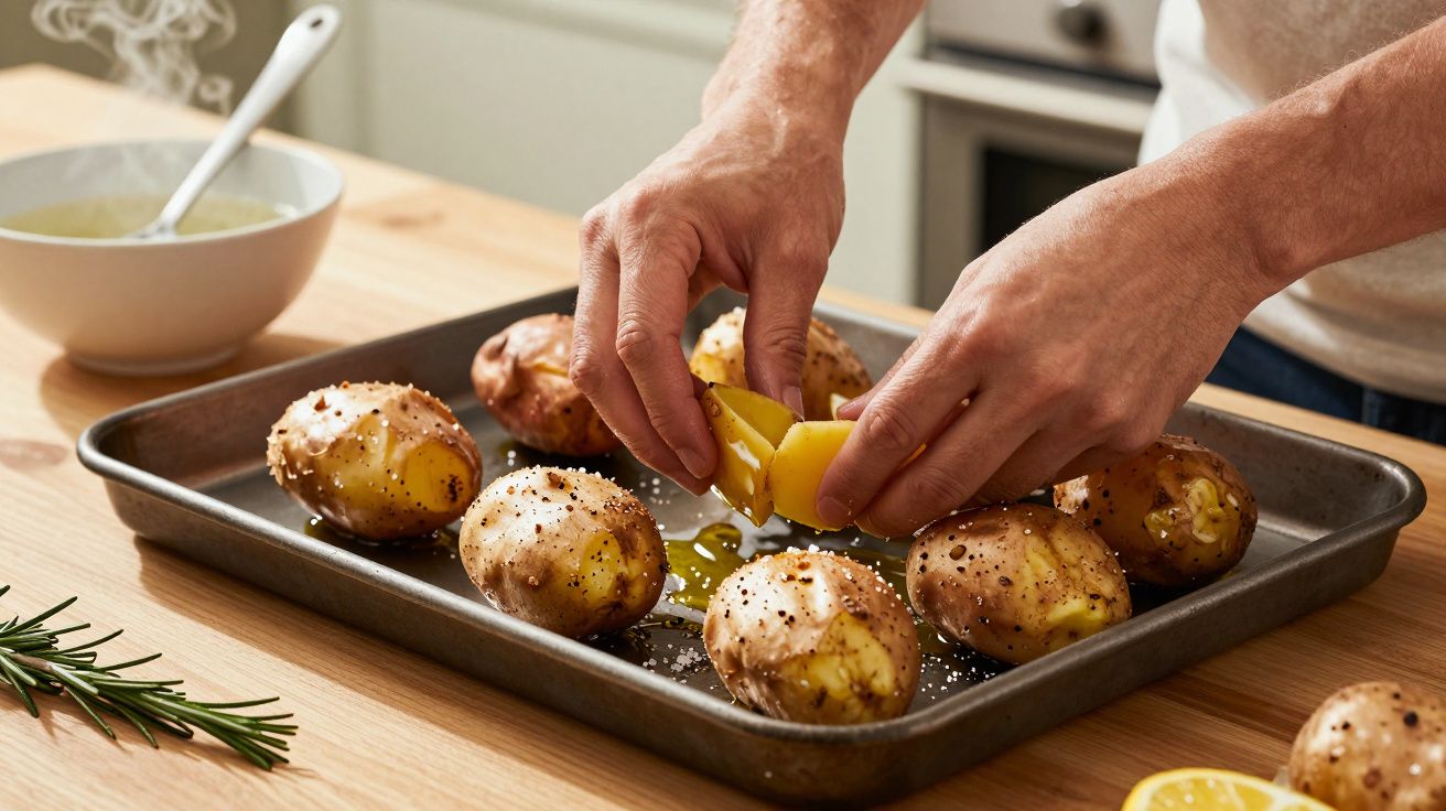 Mãos espremem limão sobre batatas assadas com ervas num tabuleiro de forno, ao lado de uma tigela com molho.