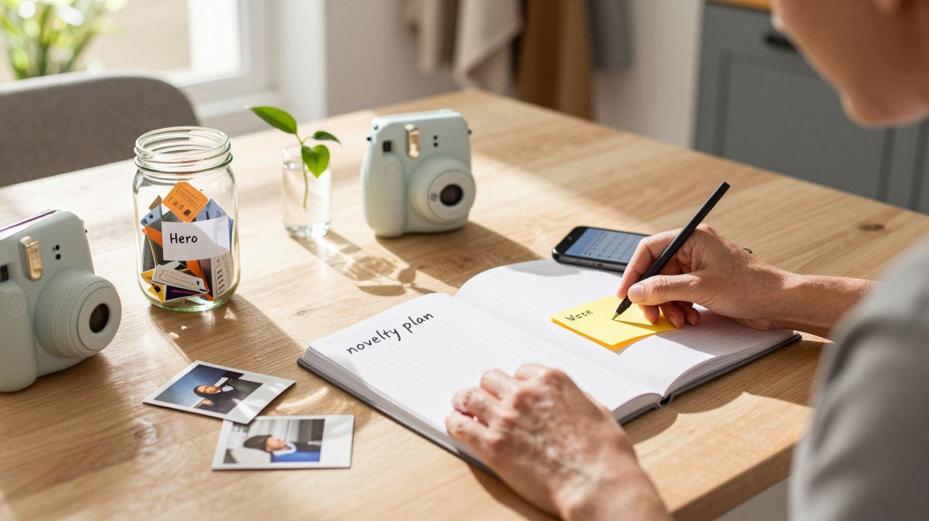 Pessoa a escrever em bloco de notas numa mesa com câmaras instantâneas, frasco de memórias e fotografias polaroid.