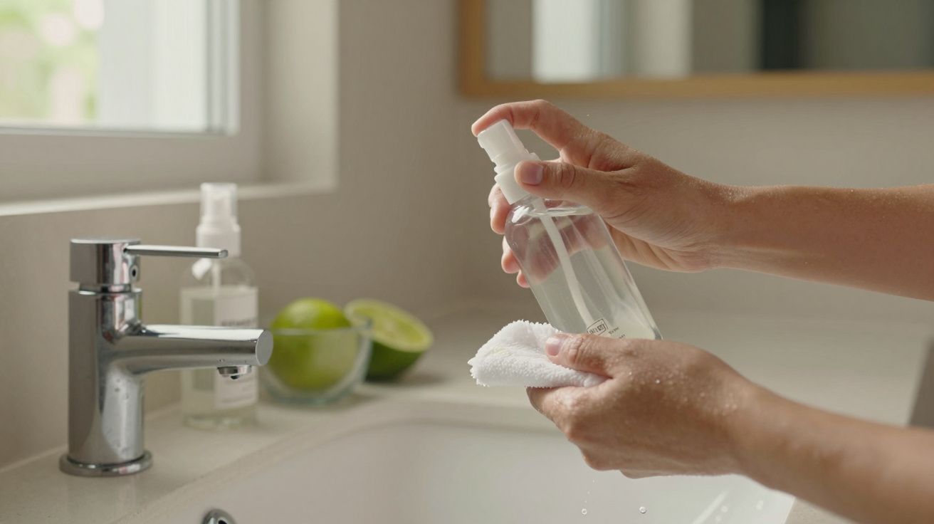Mãos seguram frasco de spray transparente sobre lavatório, com limões ao fundo.