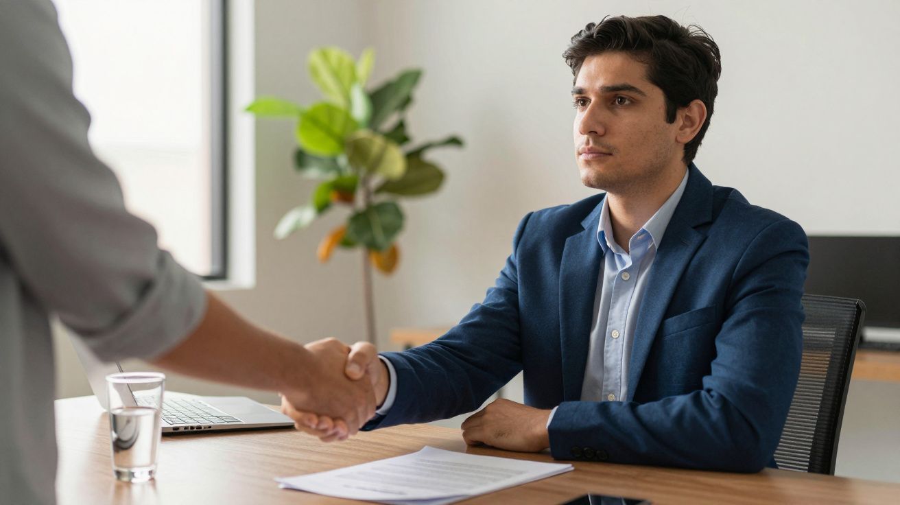 Homem de fato azul sentado em mesa, apertando a mão de outra pessoa, com planta ao fundo.