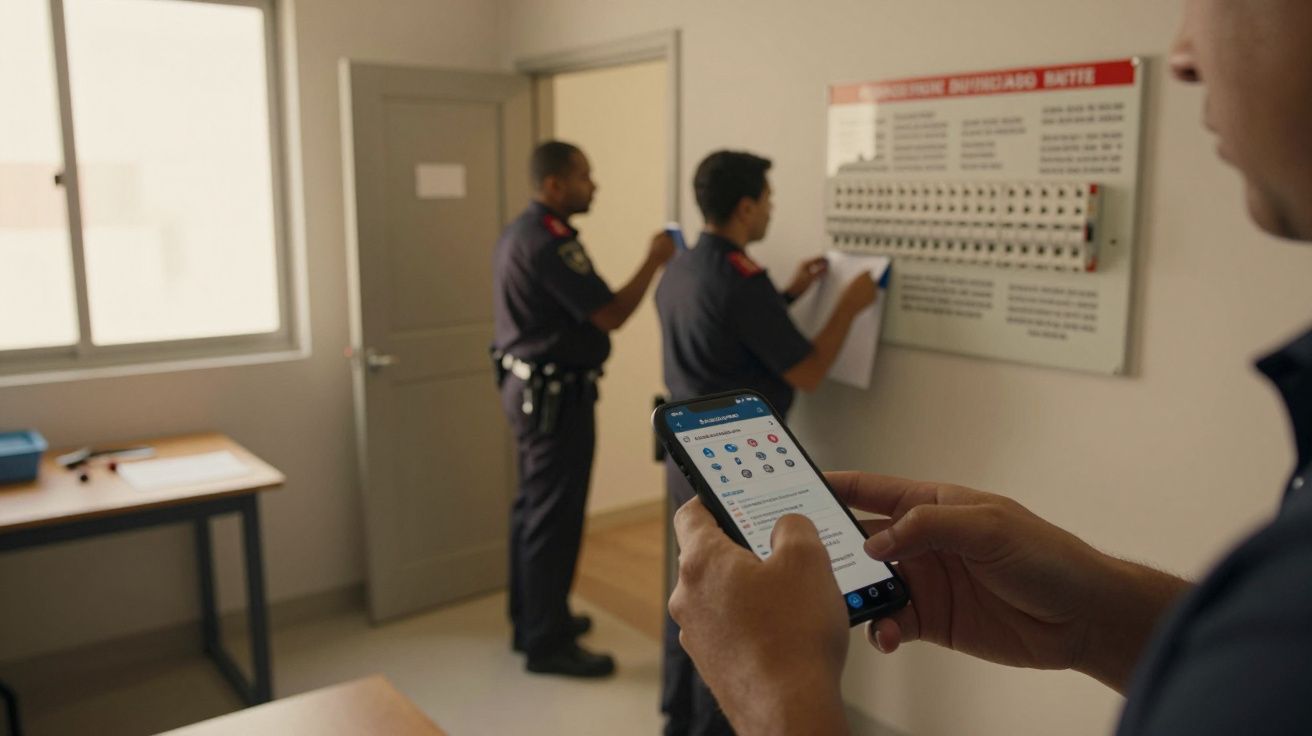 Três homens em uniforme verificam um painel de chaves e utilizam um smartphone numa sala iluminada.