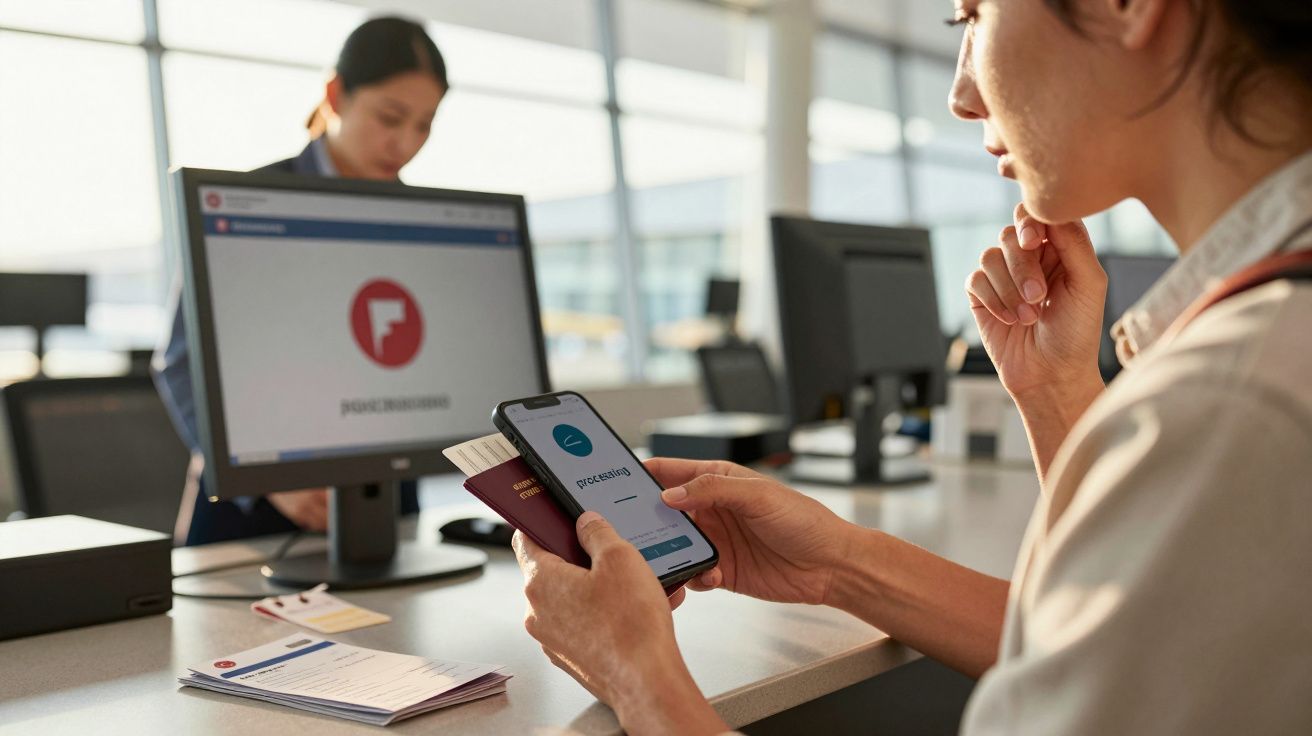 Mulher no aeroporto com passaporte e telemóvel, enquanto funcionária verifica informações no computador ao fundo.