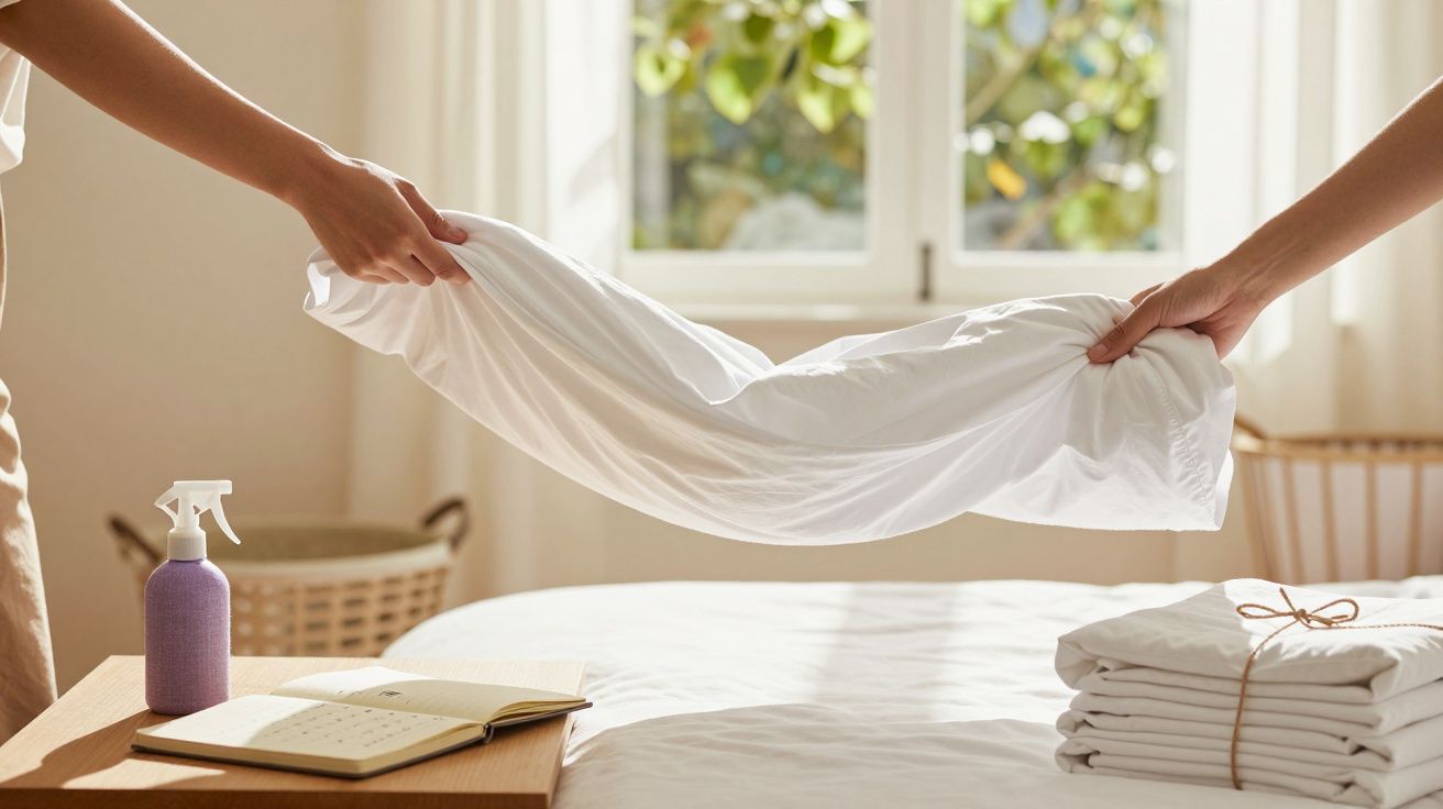 Duas pessoas esticam um lençol branco numa cama com spray e livro abertos; janela ao fundo.